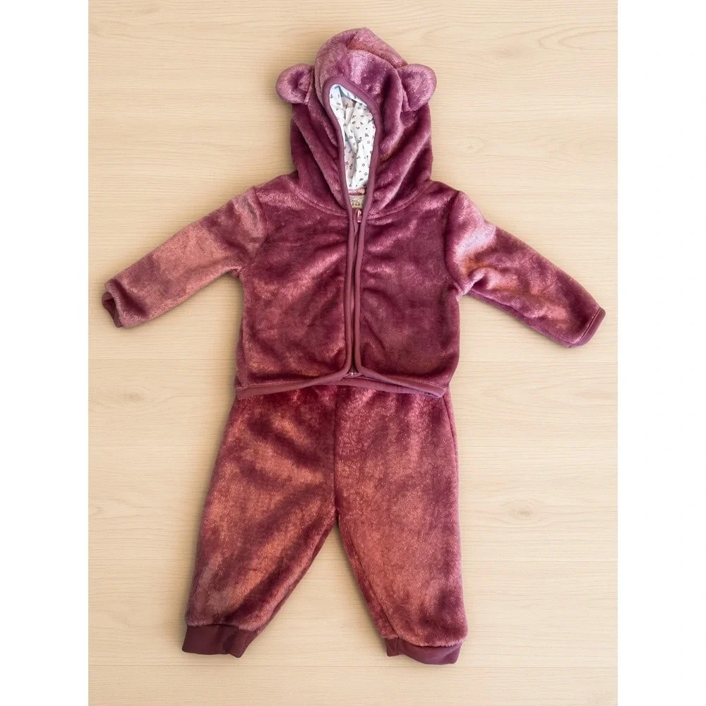 Rene Rofe Baby 3-6M Plush Bear Hoodie 2 Piece Set Mauve Berry Outfit